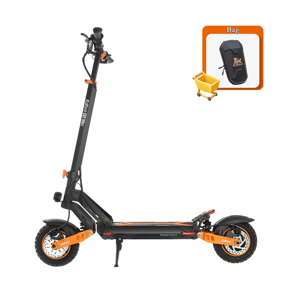 KuKirin G2 Max electric scooter side view with included front storage bag accessory