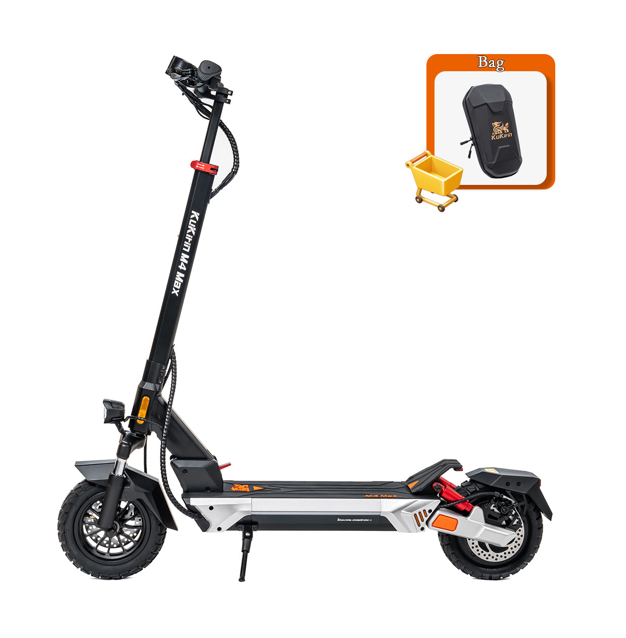 KuKirin M4 Max electric scooter side view with included front storage bag accessory