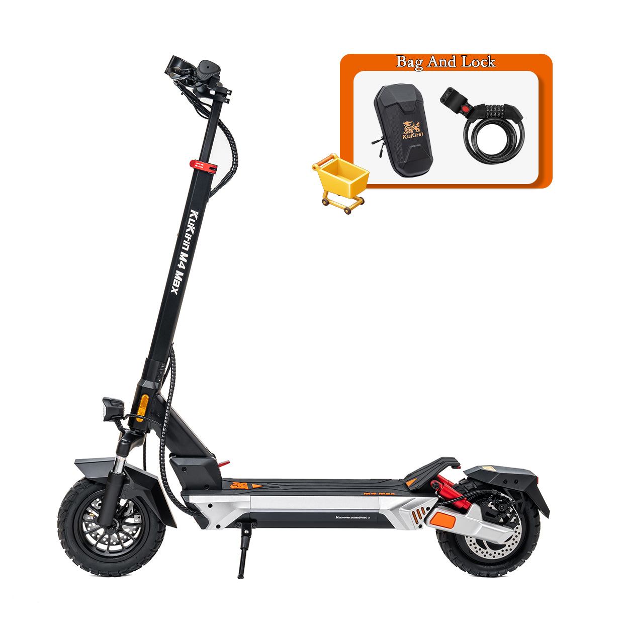 KuKirin M4 Max electric scooter with accessory bundle including front storage bag and security lock