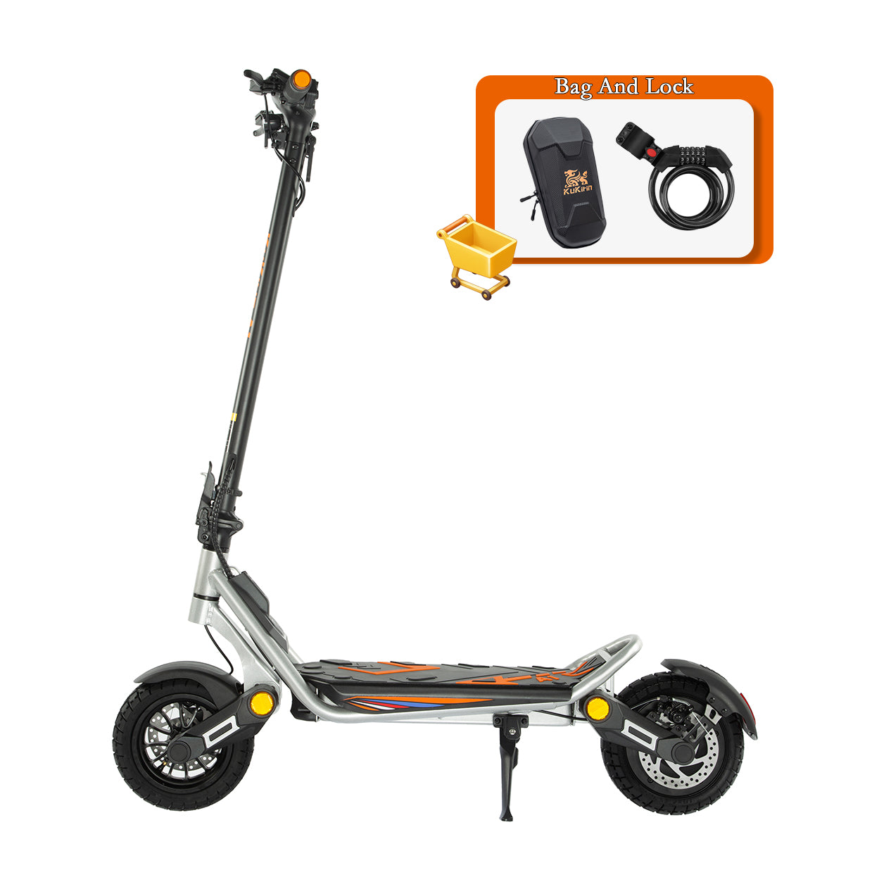 KuKirin A1 electric scooter with accessory bundle including front storage bag and security lock