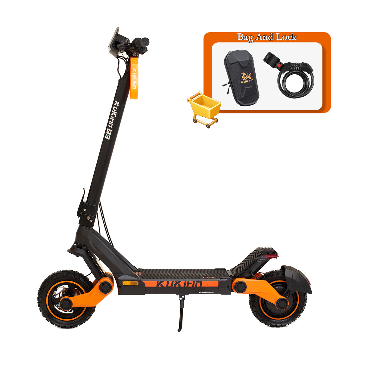 KuKirin G3 electric scooter with accessory bundle including front storage bag and security lock