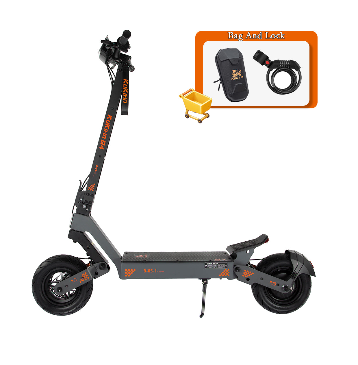 KuKirin G4 electric scooter with accessory bundle including front storage bag and security lock