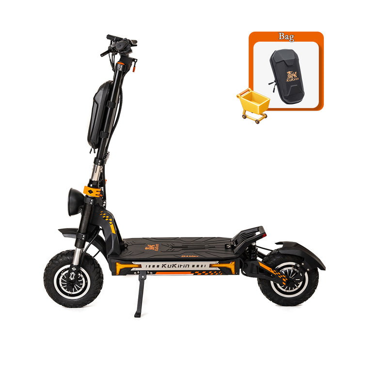 KuKirin G4 Max electric scooter side view with included front storage bag accessory