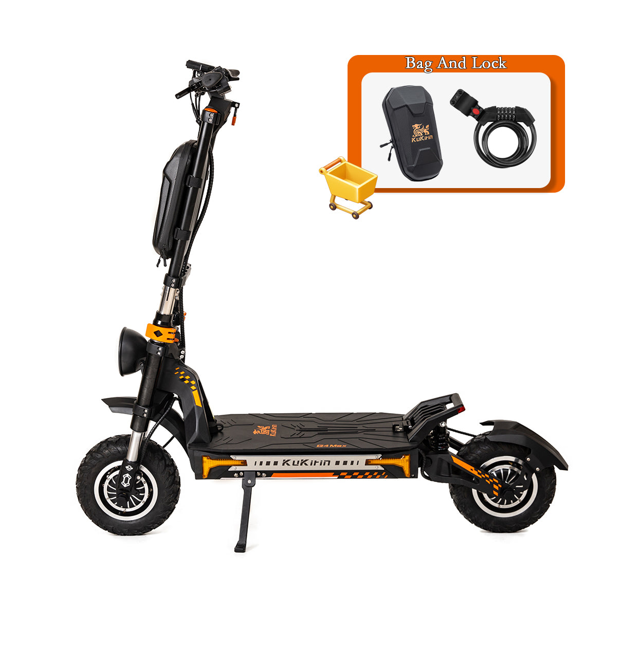 KuKirin G4 Max electric scooter with accessory bundle including front storage bag and security lock