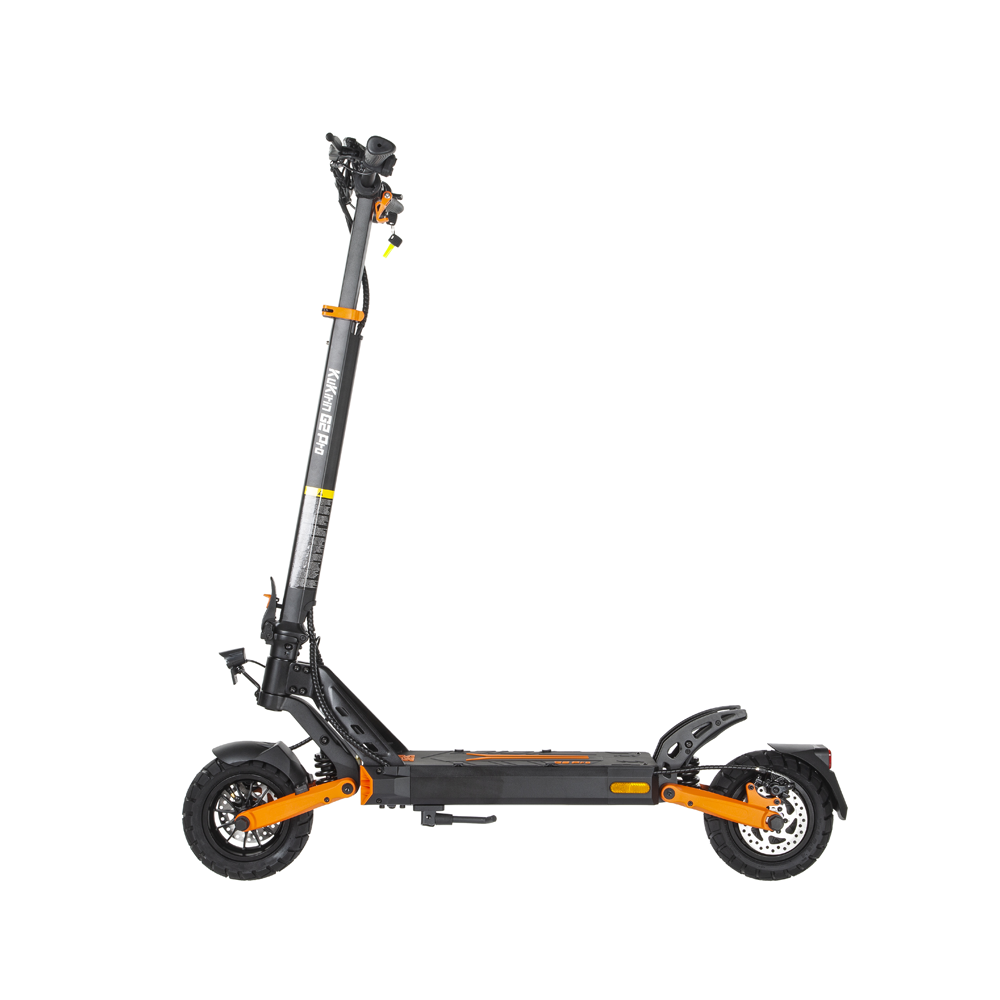 Side view of the KuKirin G2 Pro ABE electric scooter in black and orange, featuring off-road tires and full suspension.