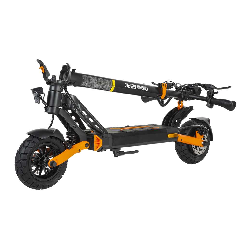 The KuKirin G2 Pro ABE electric scooter in its folded position, highlighting the compact portable design and folding mechanism.