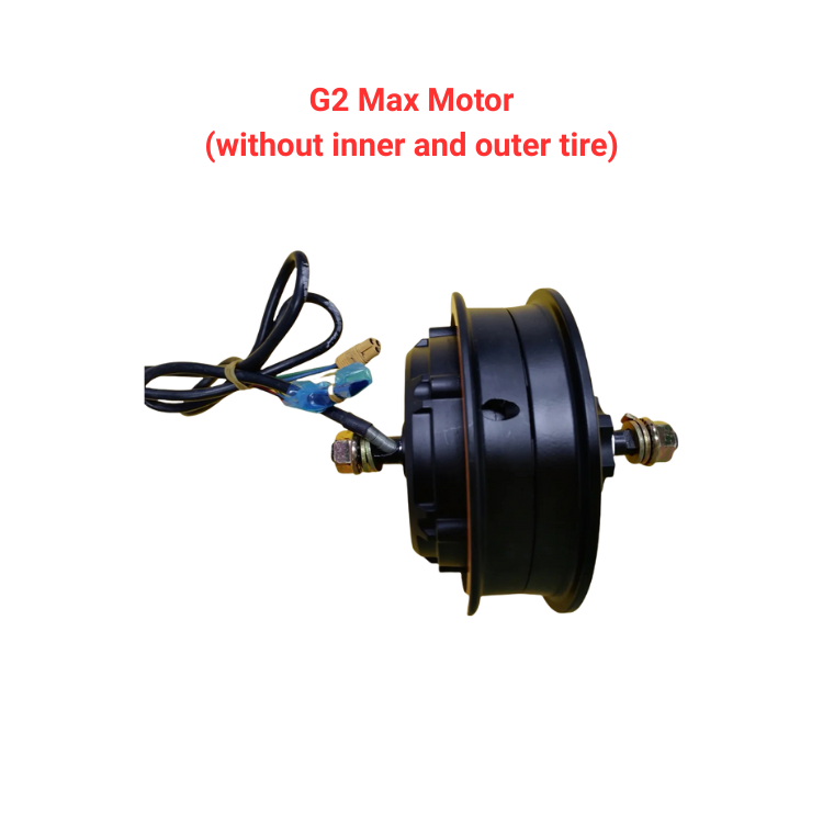 Un motor de buje desnudo para el scooter eléctrico KuKirin G2 Max, que se muestra sin neumáticos interiores ni exteriores, con cables de alimentación integrados y tuercas de eje.