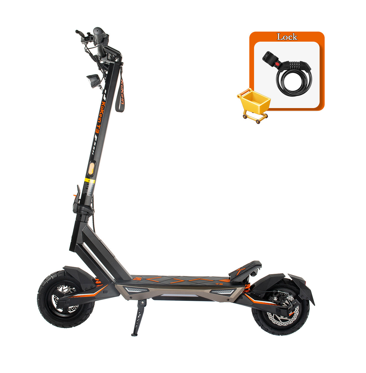 KuKirin T3 electric scooter side view with included security lock accessory