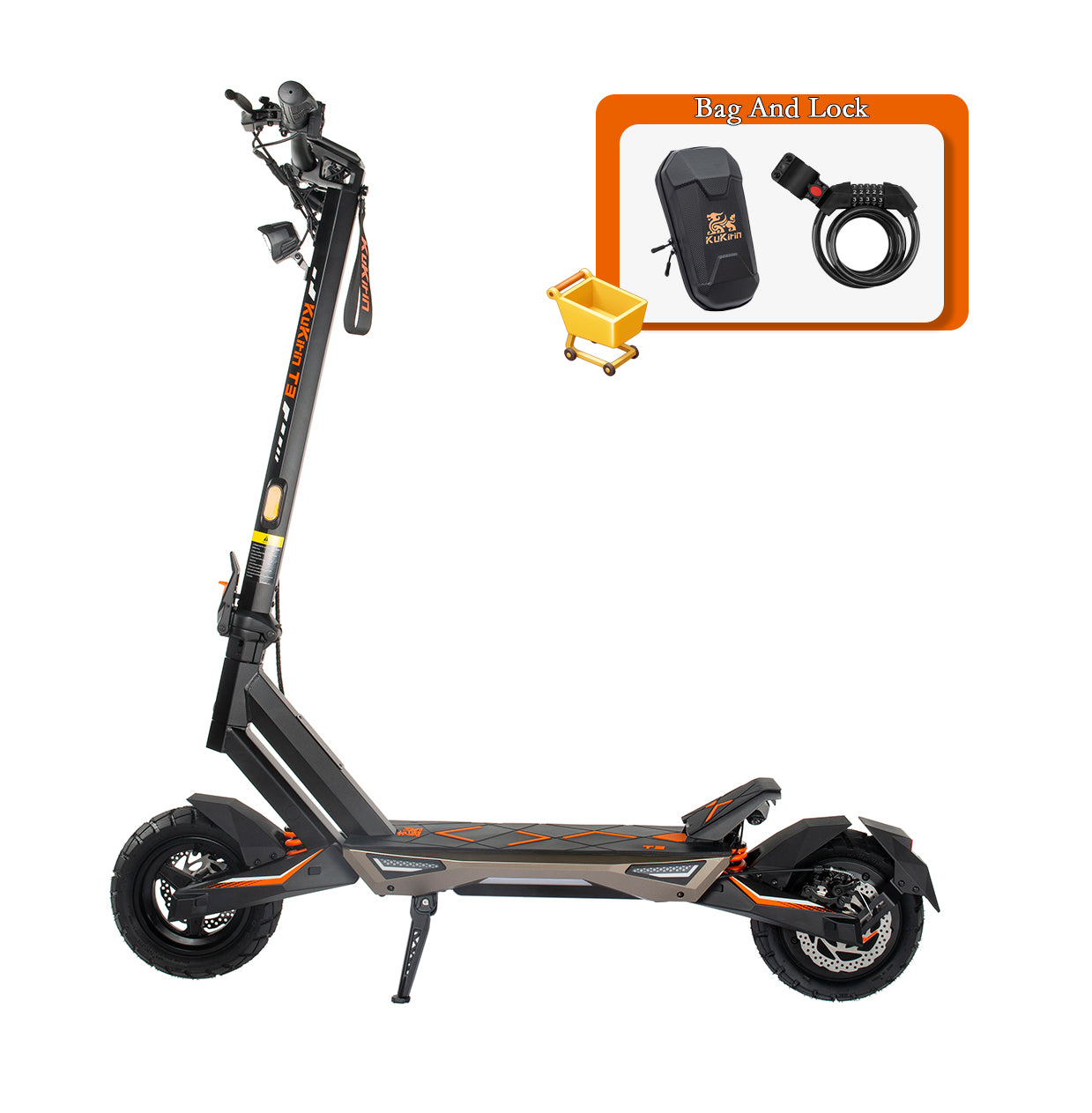 KuKirin T3 electric scooter with accessory bundle including front storage bag and security lock